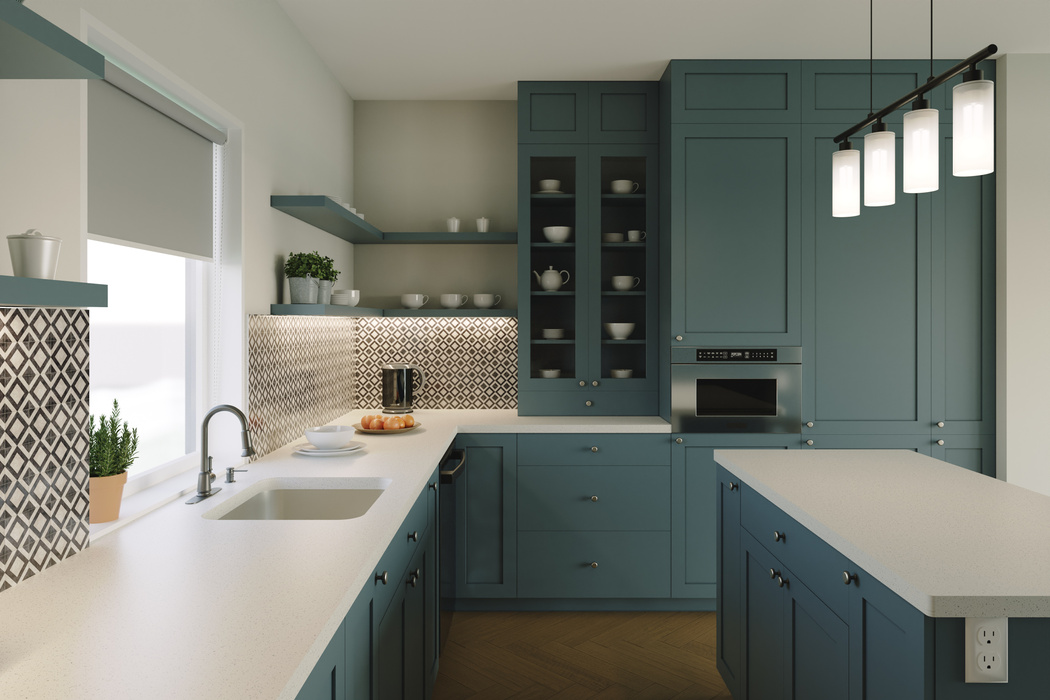 Modern kitchen with green cabinets